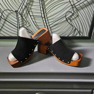 Asos Design | BLACK Suede Clogs Mules with Antique Gold  Tone Studs